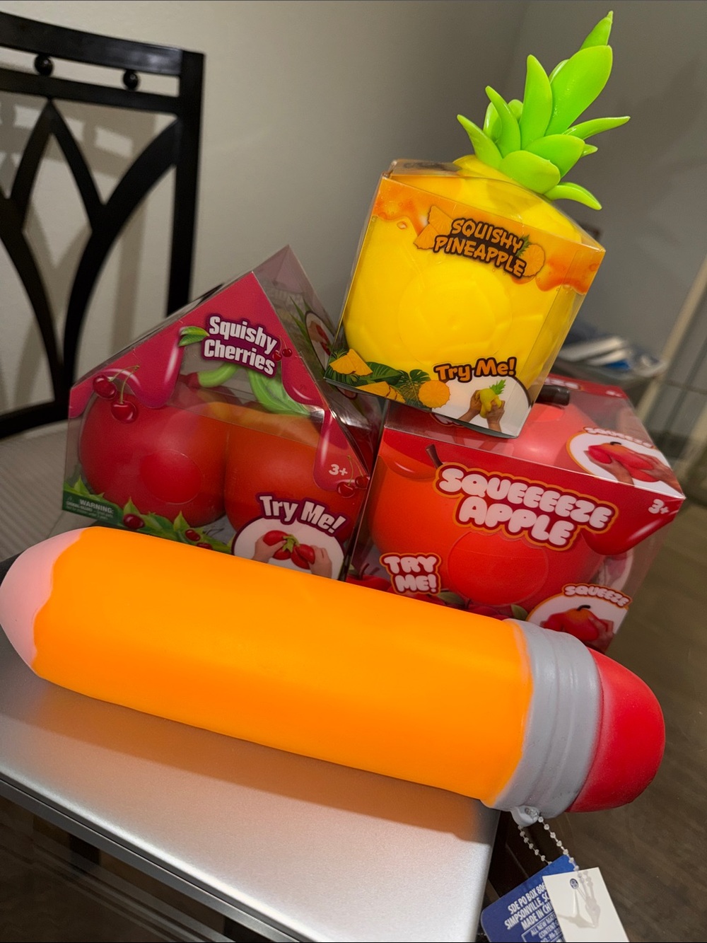 Four (4) Pack Squishy Fruits Bundle - Pineapple, Apple, Cherries & Pencil